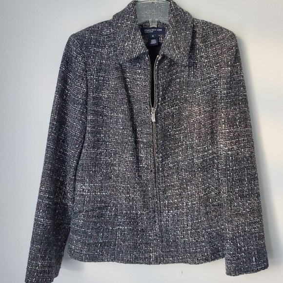Vintage Women's Wool Blazer Jacket Zip Up Woven Knit Grey White Tweed JONES NY - Picture 2 of 10